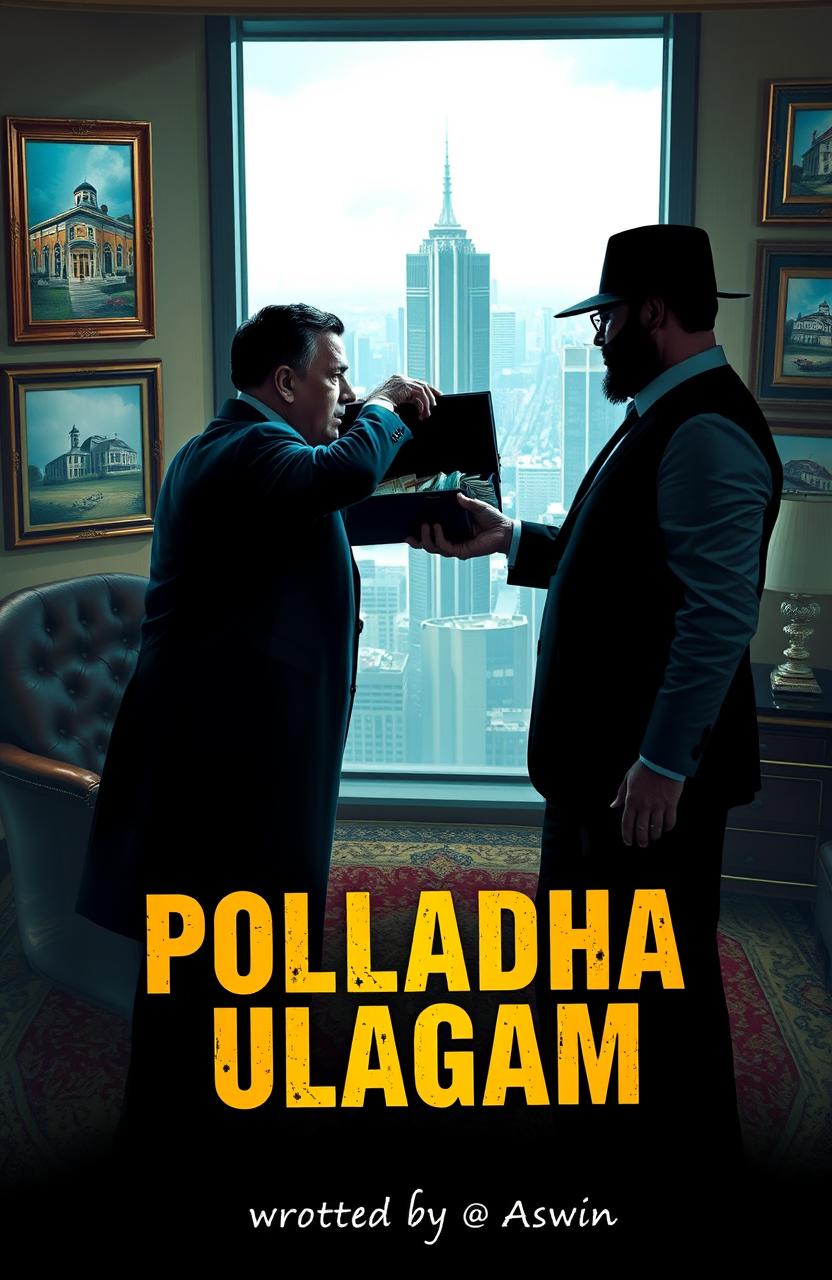 A dramatic scene depicting a real estate scam in progress, with a shadowy politician handing over a briefcase filled with cash to a shady real estate agent in a luxurious office