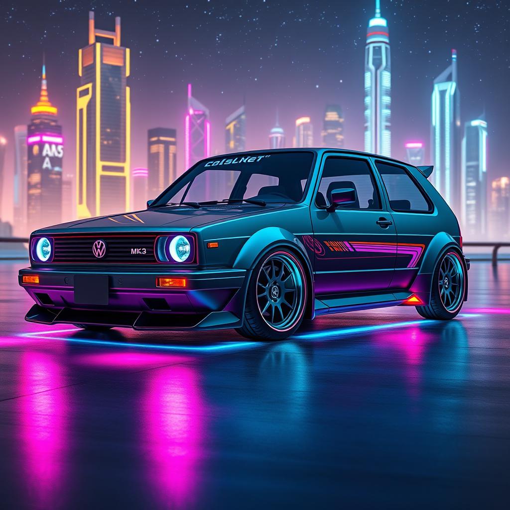 A modified Volkswagen Golf Mk3 with a futuristic design, featuring sleek lines, an aerodynamic body, and neon underglow lights