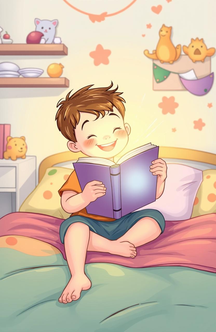 A young boy sitting on a bed, holding a glowing book in his hands