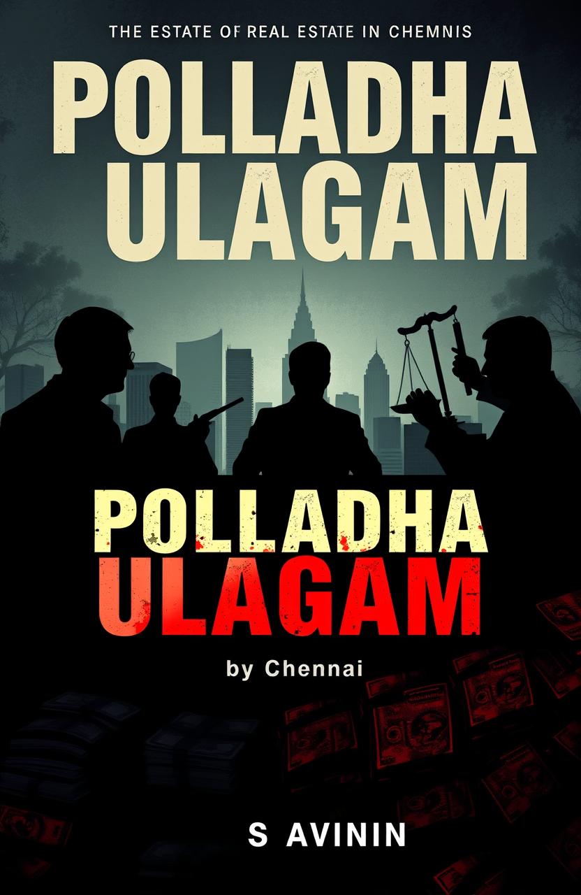 A gripping book cover design for 'POLLADHA ULAGAM' by Aswin, depicting the theme of a real estate scam in Chennai involving money laundering and corrupt politicians