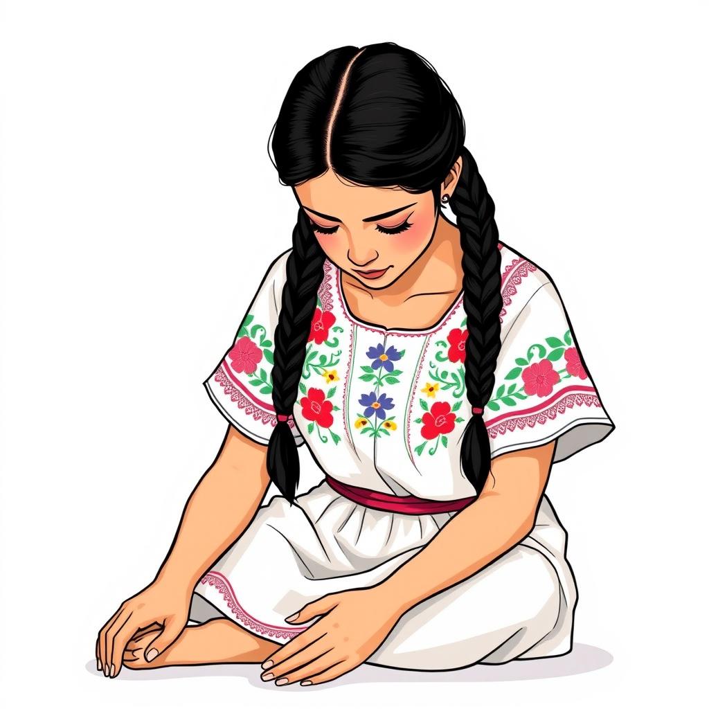 An illustration of an adult woman sitting on the floor, gazing downwards, in a three-quarter view with a frontal perspective