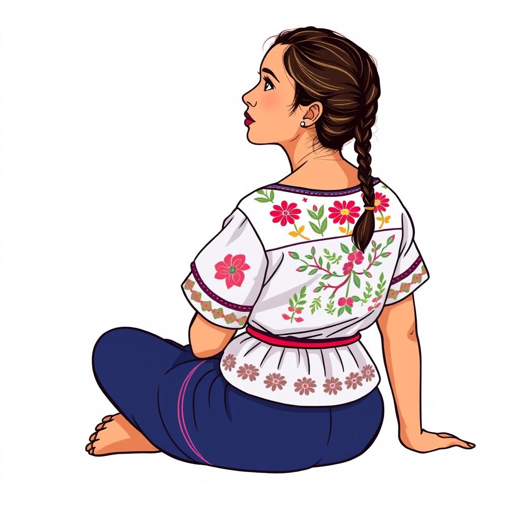 Illustration of an adult woman sitting on the ground, gazing towards the horizon, viewed from a three-quarters perspective