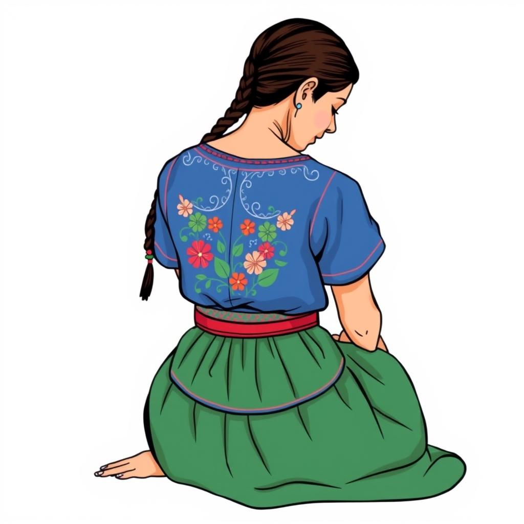 An illustration of an adult woman sitting on the floor, slightly looking down, in a three-quarter view from the back