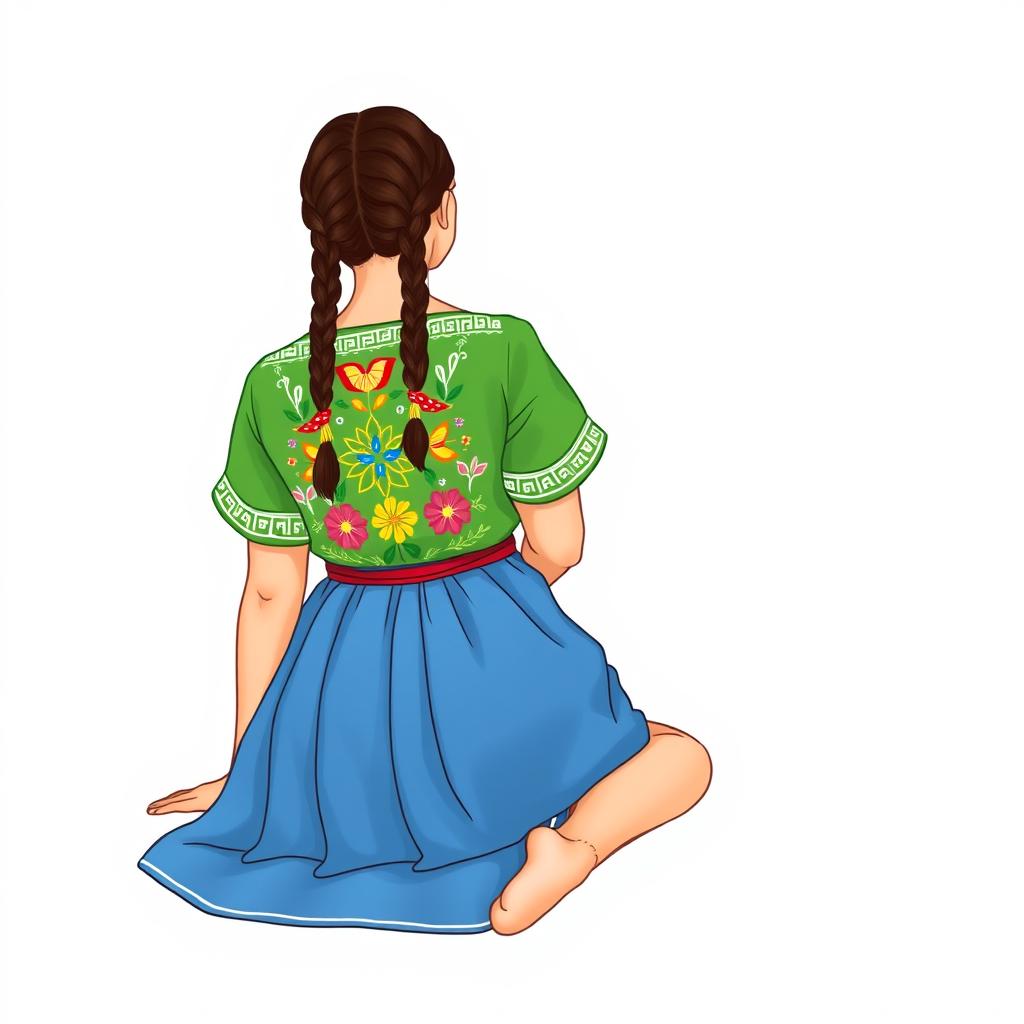 An illustration of an adult woman sitting on the floor, looking slightly downwards in a three-quarters view, with two braids, seen from the back