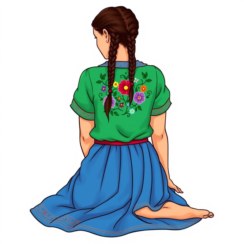 An illustration of an adult woman sitting on the floor, slightly looking down, in a three-quarter view
