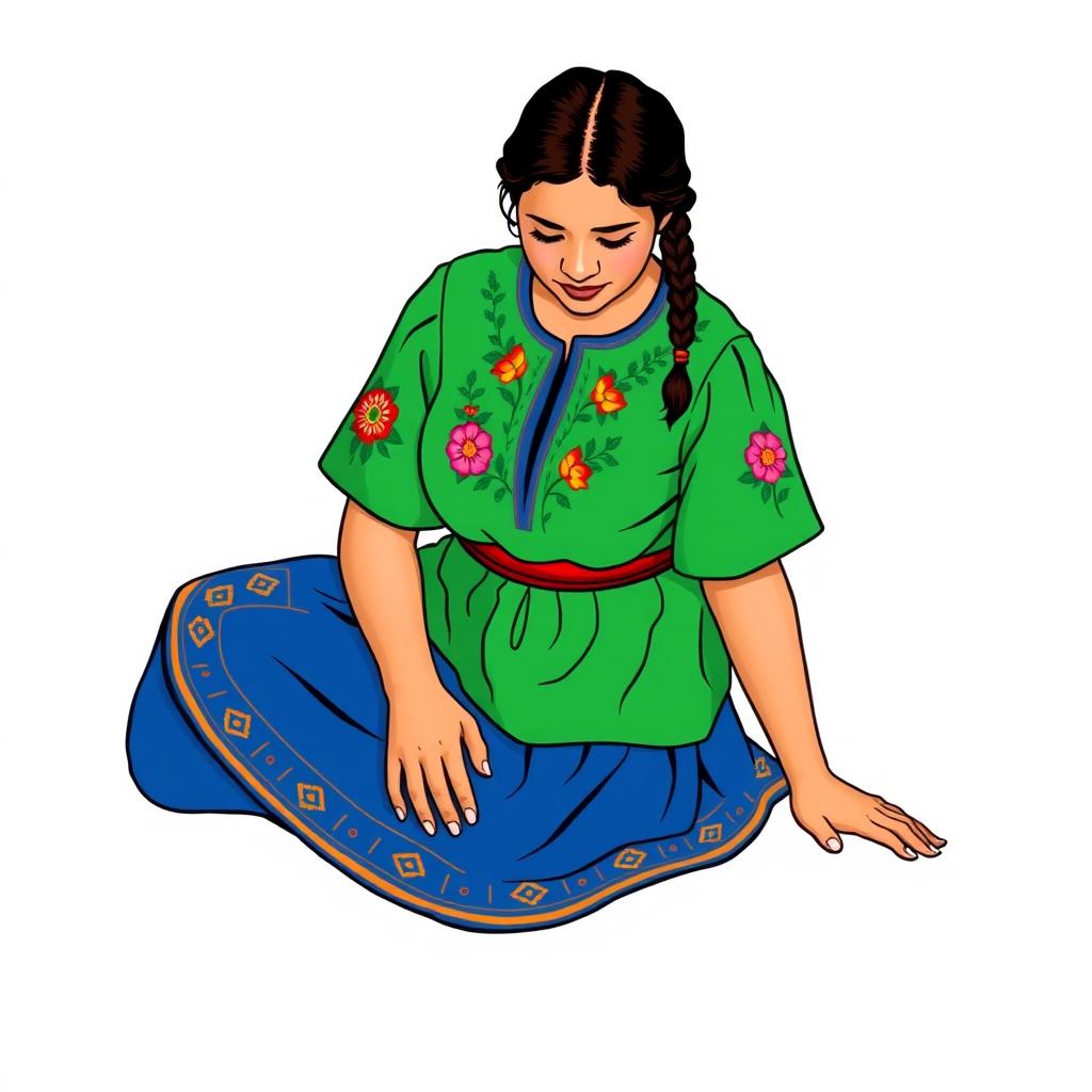An illustration of an adult woman sitting on the floor, slightly looking down, in a three-quarter view