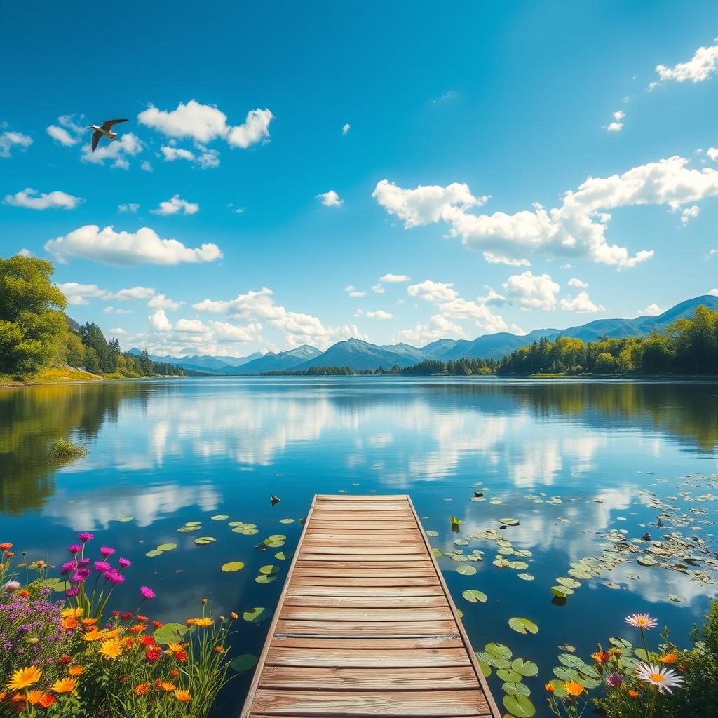 A serene landscape depicting a tranquil lake surrounded by lush green trees and vibrant wildflowers