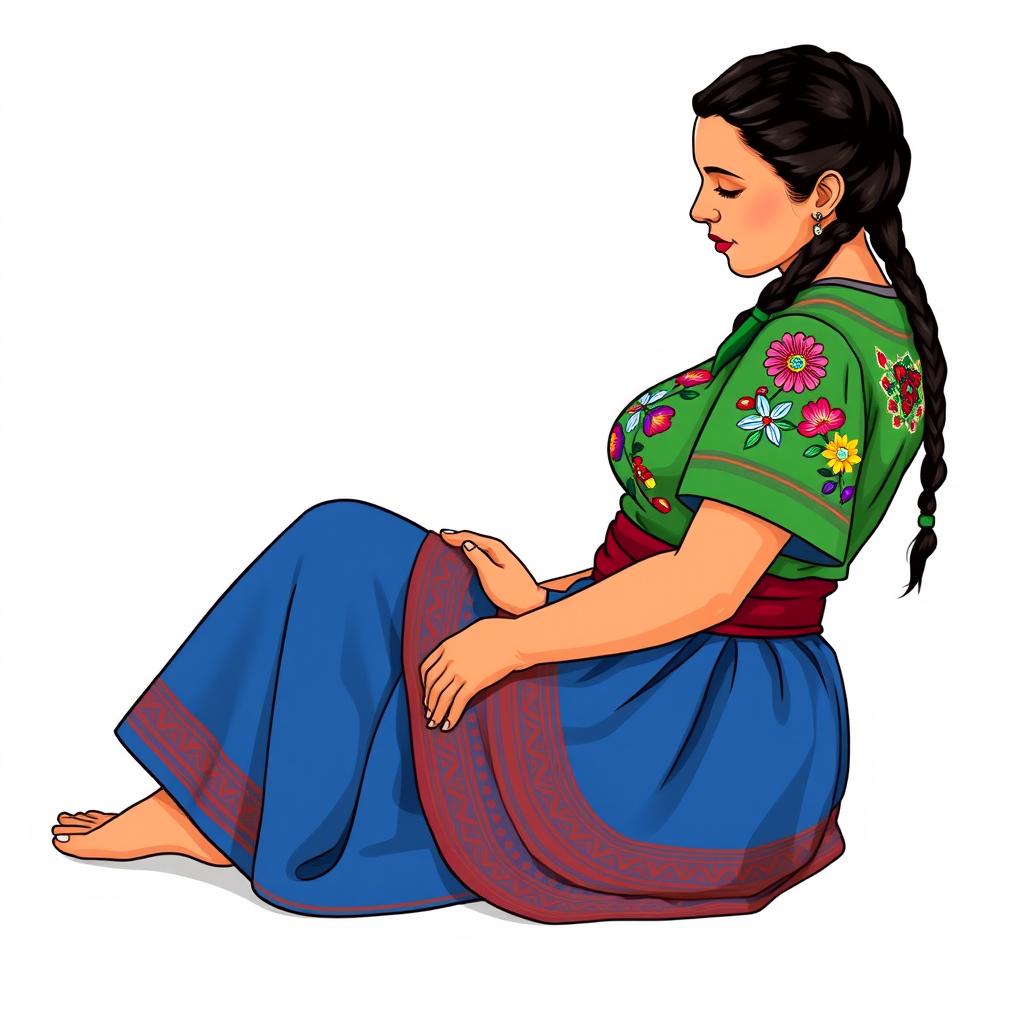 An illustration of an adult woman sitting on the ground, viewed from a three-quarters angle, slightly looking down