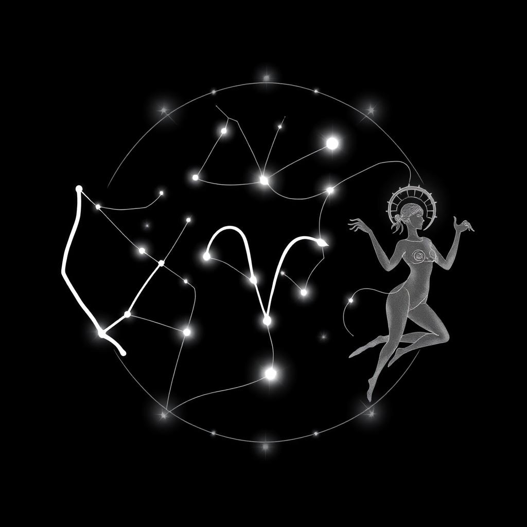 A stunning representation of the Sagittarius, Capricorn, and Virgo constellations, intricately intertwined in a celestial design