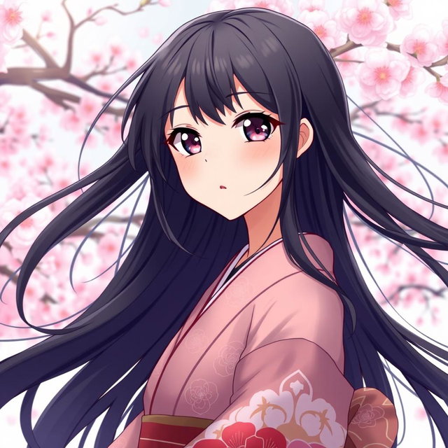An anime girl with long, flowing black hair, sparkling dark eyes, and elegantly shaped black eyebrows