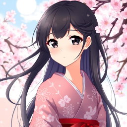 An anime girl with long, flowing black hair, sparkling dark eyes, and elegantly shaped black eyebrows