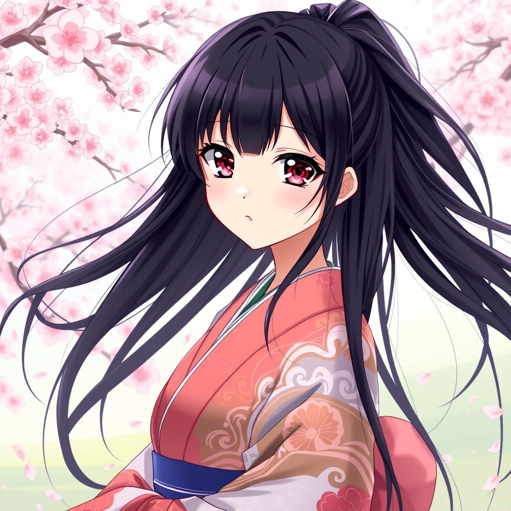 An anime girl with long, flowing black hair, sparkling dark eyes, and elegantly shaped black eyebrows