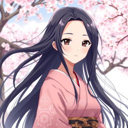 An anime girl with long, flowing black hair, sparkling dark eyes, and elegantly shaped black eyebrows