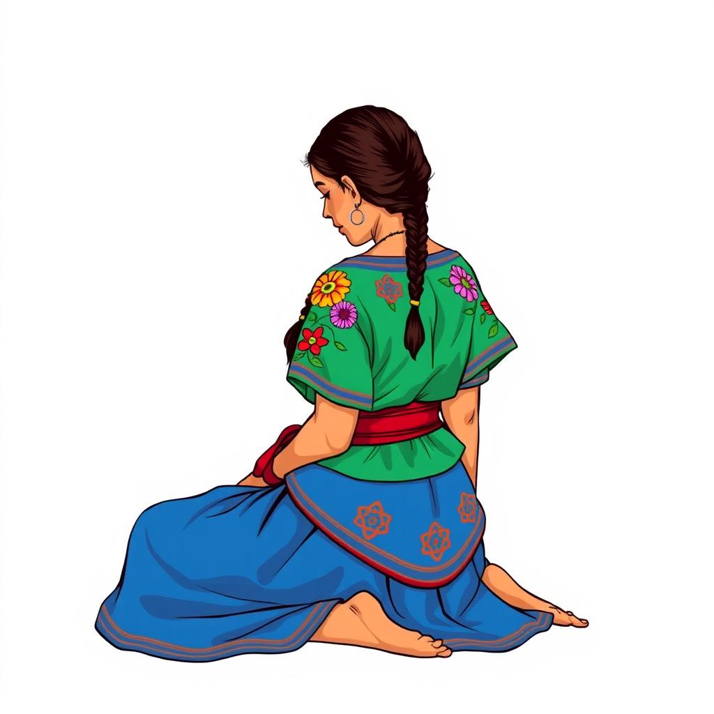 An illustration of an adult woman sitting on the ground, viewed from a three-quarters angle, slightly looking down