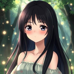 An anime girl with long, silky black hair flowing gracefully around her shoulders, dark expressive eyes that glimmer with light, and perfectly shaped black eyebrows