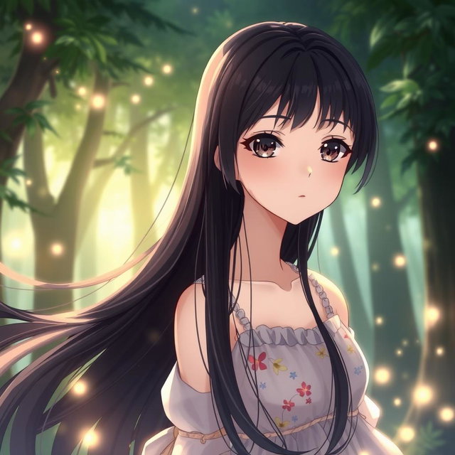 An anime girl with long, silky black hair flowing gracefully around her shoulders, dark expressive eyes that glimmer with light, and perfectly shaped black eyebrows
