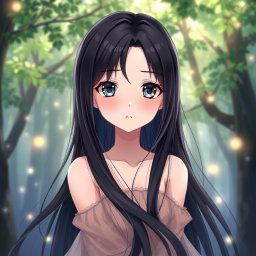 An anime girl with long, silky black hair flowing gracefully around her shoulders, dark expressive eyes that glimmer with light, and perfectly shaped black eyebrows