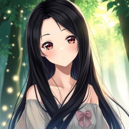 An anime girl with long, silky black hair flowing gracefully around her shoulders, dark expressive eyes that glimmer with light, and perfectly shaped black eyebrows