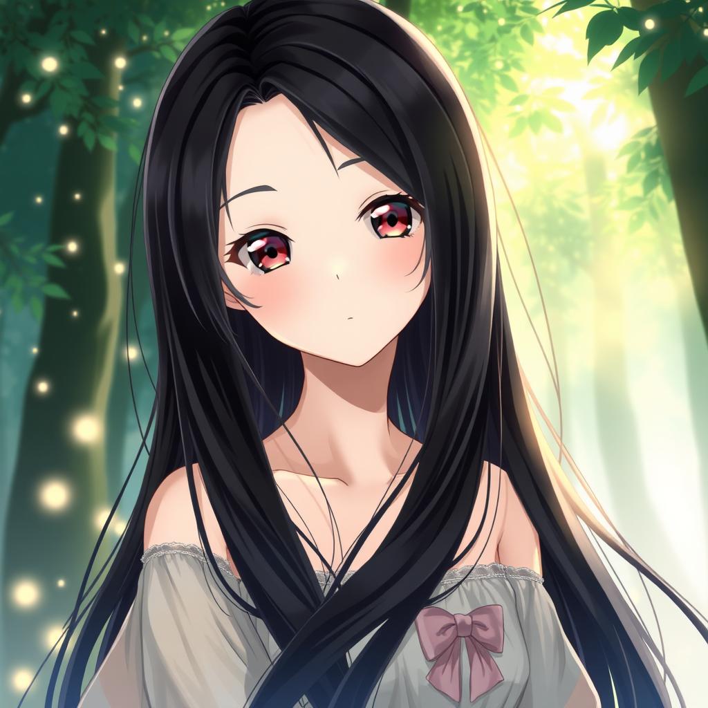 An anime girl with long, silky black hair flowing gracefully around her shoulders, dark expressive eyes that glimmer with light, and perfectly shaped black eyebrows