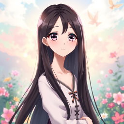 An anime girl with long, glossy black hair cascading down her back, deep dark eyes full of expression, and elegantly shaped black eyebrows that frame her face beautifully