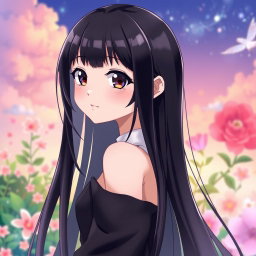 An anime girl with long, glossy black hair cascading down her back, deep dark eyes full of expression, and elegantly shaped black eyebrows that frame her face beautifully
