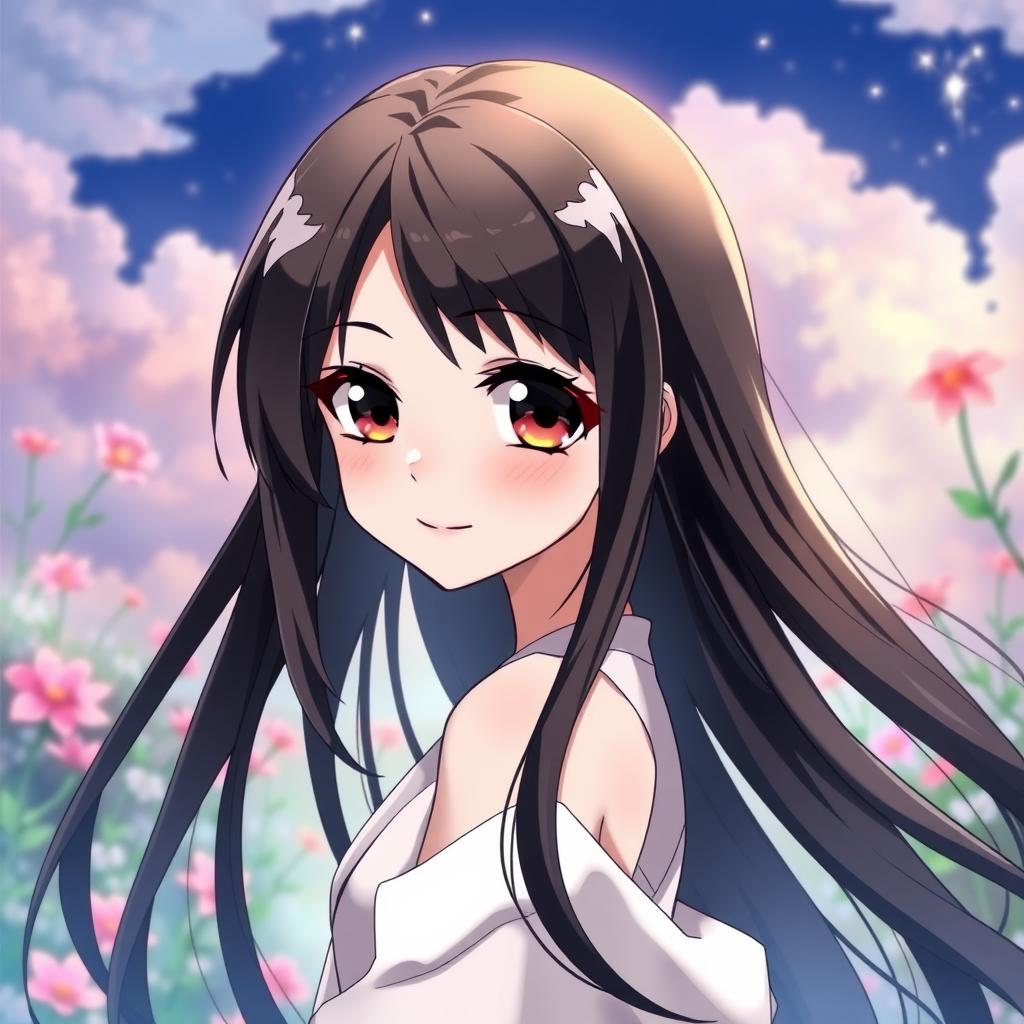 An anime girl with long, glossy black hair cascading down her back, deep dark eyes full of expression, and elegantly shaped black eyebrows that frame her face beautifully