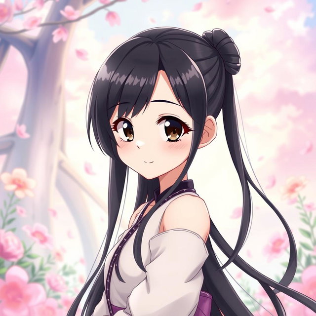 An anime girl with long, glossy black hair cascading down her back, deep dark eyes full of expression, and elegantly shaped black eyebrows that frame her face beautifully