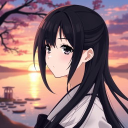 An anime girl with long, flowing black hair that cascades elegantly around her shoulders, striking dark eyes that captivate with their intensity, and beautifully shaped black eyebrows that enhance her expressive face