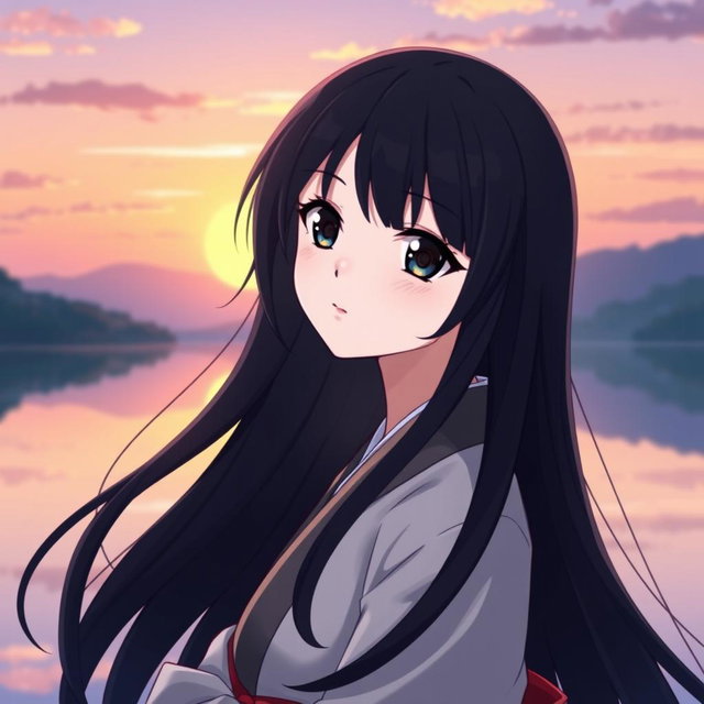 An anime girl with long, flowing black hair that cascades elegantly around her shoulders, striking dark eyes that captivate with their intensity, and beautifully shaped black eyebrows that enhance her expressive face