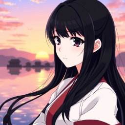 An anime girl with long, flowing black hair that cascades elegantly around her shoulders, striking dark eyes that captivate with their intensity, and beautifully shaped black eyebrows that enhance her expressive face