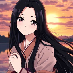 An anime girl with long, flowing black hair that cascades elegantly around her shoulders, striking dark eyes that captivate with their intensity, and beautifully shaped black eyebrows that enhance her expressive face