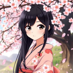 An anime girl with lustrous black hair that frames her face and flows down her back, striking black eyes that shine with depth and emotion, and elegantly arched black eyebrows that enhance her expression