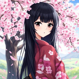 An anime girl with lustrous black hair that frames her face and flows down her back, striking black eyes that shine with depth and emotion, and elegantly arched black eyebrows that enhance her expression