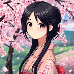 An anime girl with lustrous black hair that frames her face and flows down her back, striking black eyes that shine with depth and emotion, and elegantly arched black eyebrows that enhance her expression