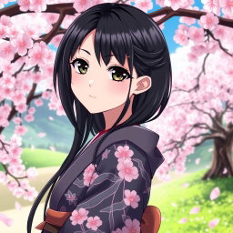 An anime girl with lustrous black hair that frames her face and flows down her back, striking black eyes that shine with depth and emotion, and elegantly arched black eyebrows that enhance her expression