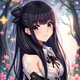 An anime girl with striking long black hair that flows elegantly, captivating black eyes that draw you in, and well-defined black eyebrows that enhance her charming features