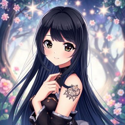 An anime girl with striking long black hair that flows elegantly, captivating black eyes that draw you in, and well-defined black eyebrows that enhance her charming features