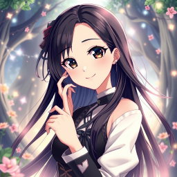 An anime girl with striking long black hair that flows elegantly, captivating black eyes that draw you in, and well-defined black eyebrows that enhance her charming features