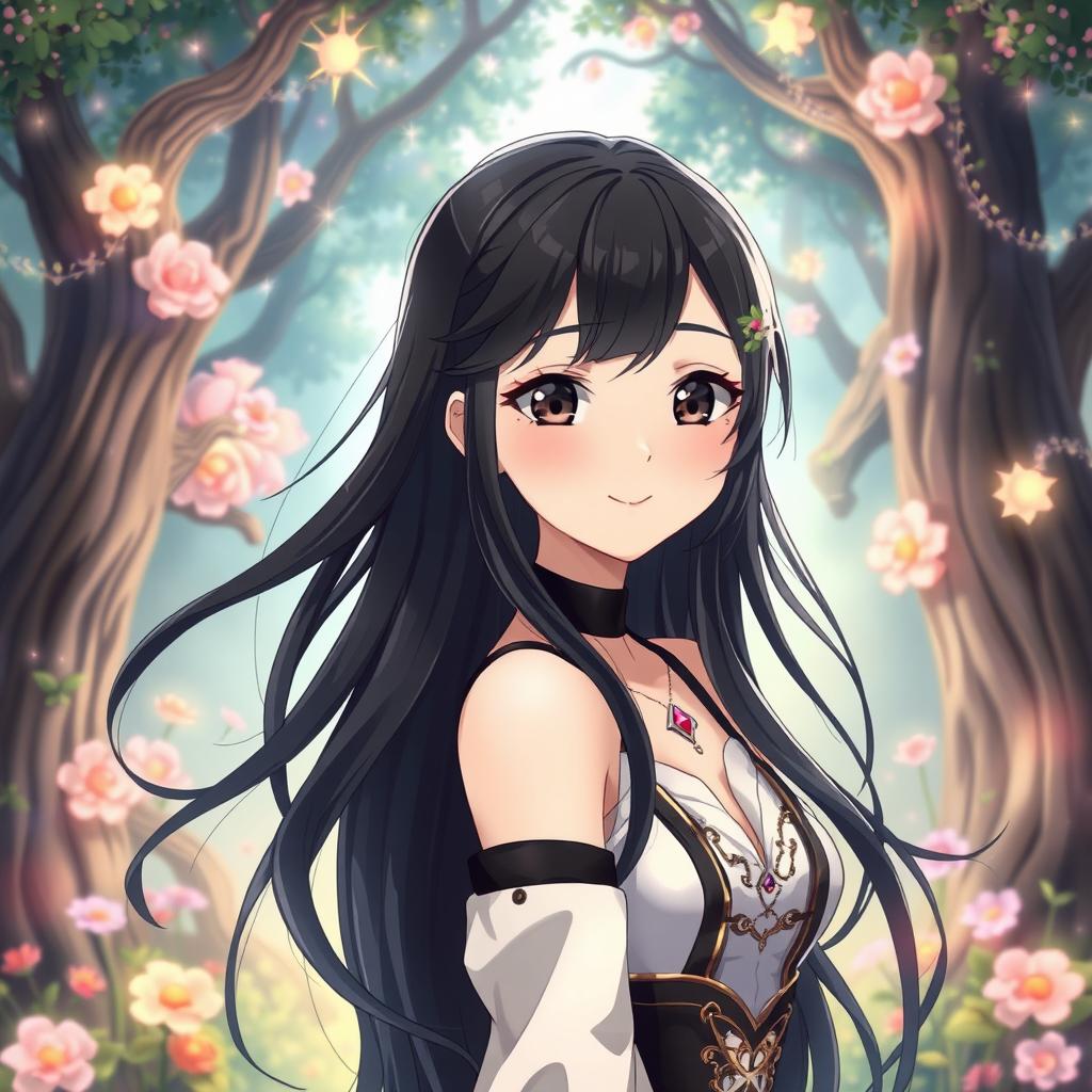 An anime girl with striking long black hair that flows elegantly, captivating black eyes that draw you in, and well-defined black eyebrows that enhance her charming features