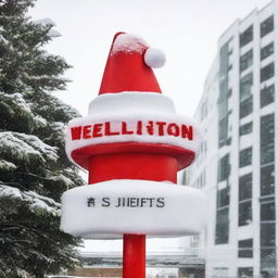 Wellington city sign covered in snow, with a large festive Santa hat on top.