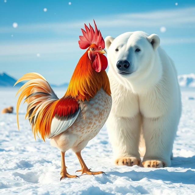 A whimsical scene featuring a vibrant rooster standing next to a majestic polar bear in a snow-covered landscape