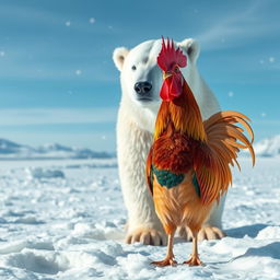 A whimsical scene featuring a vibrant rooster standing next to a majestic polar bear in a snow-covered landscape