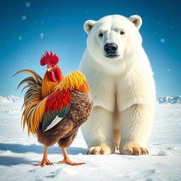 A whimsical scene featuring a vibrant rooster standing next to a majestic polar bear in a snow-covered landscape