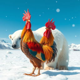 A whimsical scene featuring a vibrant rooster standing next to a majestic polar bear in a snow-covered landscape