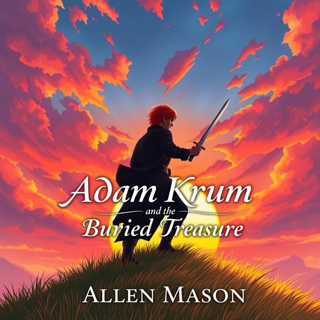 A breathtaking book cover illustration featuring the striking silhouette of a red-haired man holding a sword pointed towards the ground, as he journeys up a grassy hill during a stunning sunset