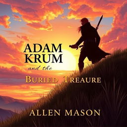 A breathtaking book cover illustration featuring the striking silhouette of a red-haired man holding a sword pointed towards the ground, as he journeys up a grassy hill during a stunning sunset