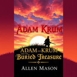 A breathtaking book cover illustration featuring the striking silhouette of a red-haired man holding a sword pointed towards the ground, as he journeys up a grassy hill during a stunning sunset
