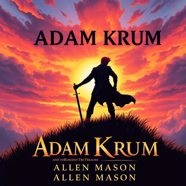 A breathtaking book cover illustration featuring the striking silhouette of a red-haired man holding a sword pointed towards the ground, as he journeys up a grassy hill during a stunning sunset