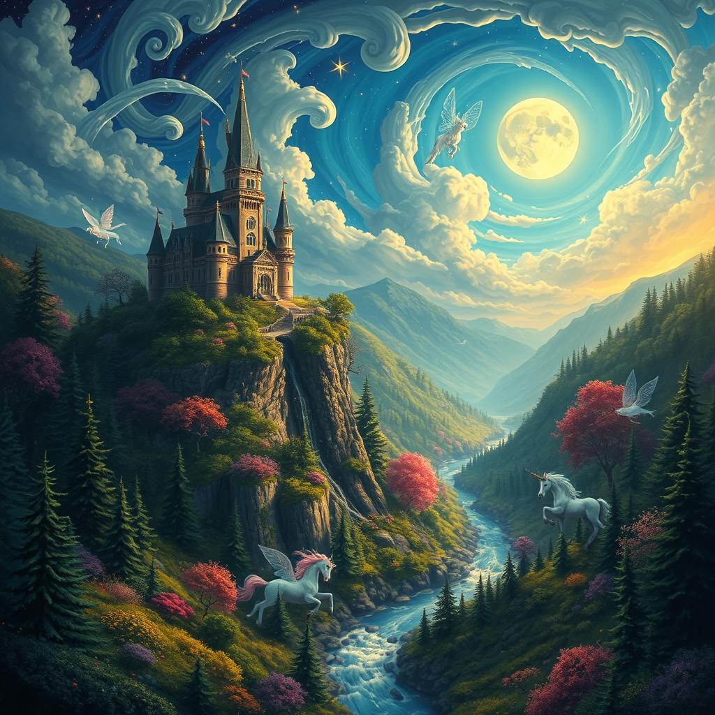 A vibrant fantasy landscape featuring a majestic castle perched on a high cliff surrounded by lush, enchanted forests