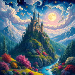 A vibrant fantasy landscape featuring a majestic castle perched on a high cliff surrounded by lush, enchanted forests